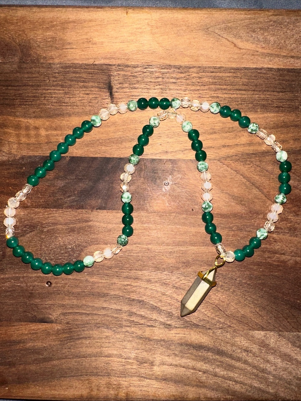 Leprechaun’s Gold Necklace (Tree Agate, Emerald Jade, Cream Crystals & Pyrite)